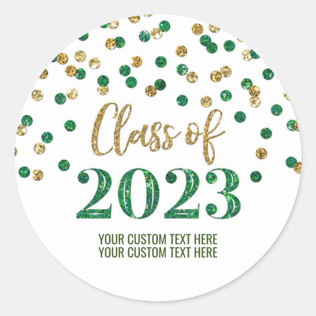 Gold Green Confetti Graduation 2023 Classic Round Sticker (Front)