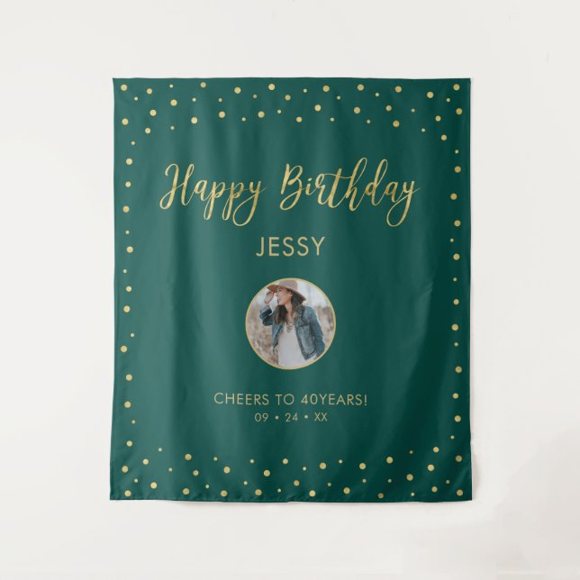 Gold & Green Confetti | Happy Birthday Photo Tapestry (Front)