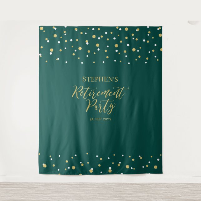 Gold & Green Confetti Retirement Party Backdrop Tapestry (Front)