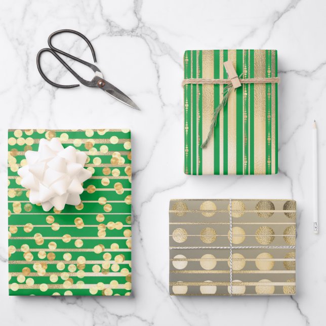 Gold green confetti stripes elegant formal pattern wrapping paper sheet (Front)