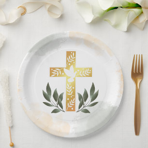 Gold Green Cross Watercolor Baby Dedication Party Paper Plate