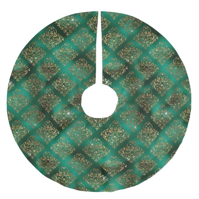 Gold Green Damask Elegant Chic Christmas Brushed Polyester Tree Skirt (Front)