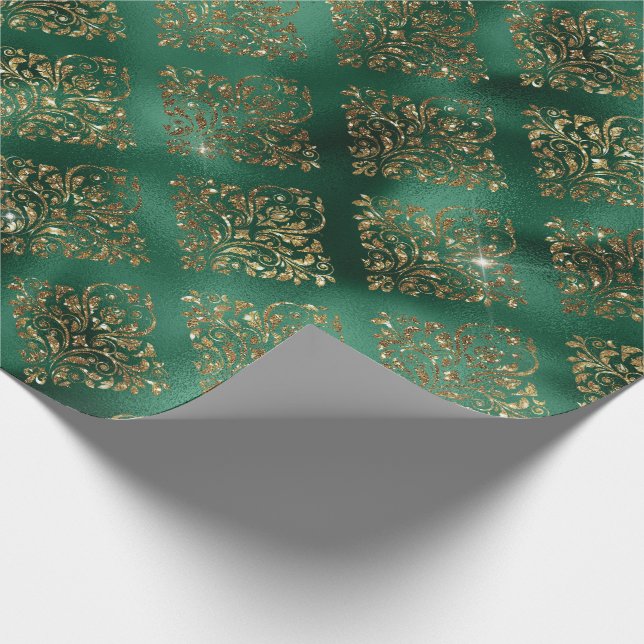 Gold Green Damask Elegant Chic Christmas Wrapping Paper (Corner)