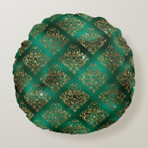 Gold Green Damask Elegant Chic Glitter  Round Cushion
