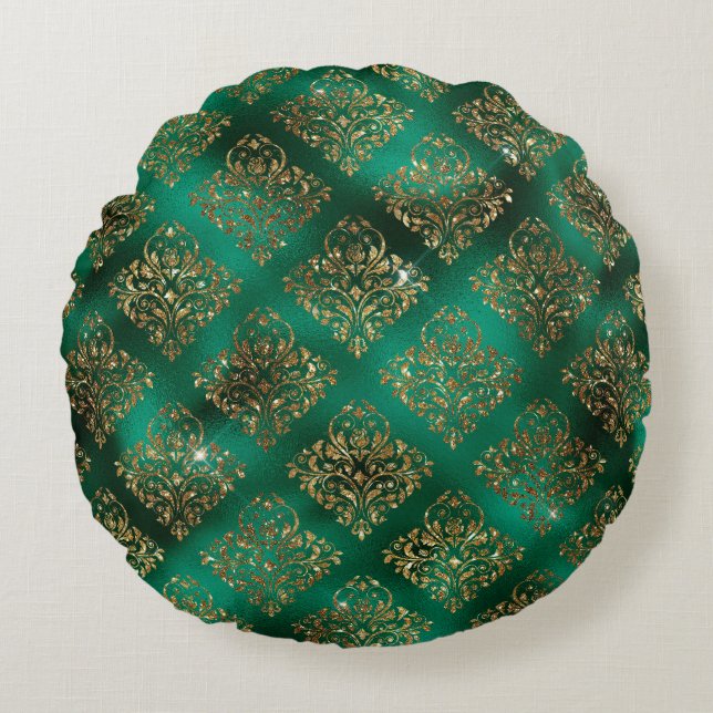 Gold Green Damask Elegant Chic Glitter  Round Cushion (Front)