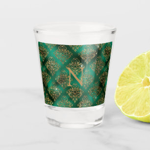 Gold Green Damask Elegant Monogram Glitter Shot Glass