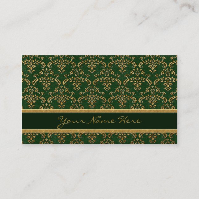 Gold & Green  Damask Pattern Business Card (Front)