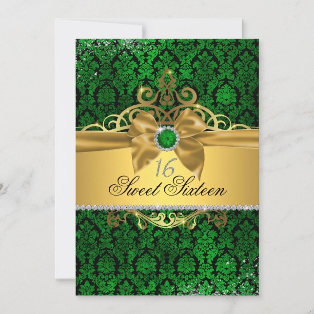 Gold Green Damask Sweet Sixteen Invite (Front)
