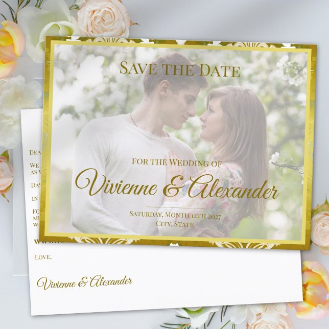 Gold Green Damask Wedding Announcement Postcard (Creator Uploaded)