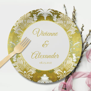 Gold Green Damask Wedding Paper Plate
