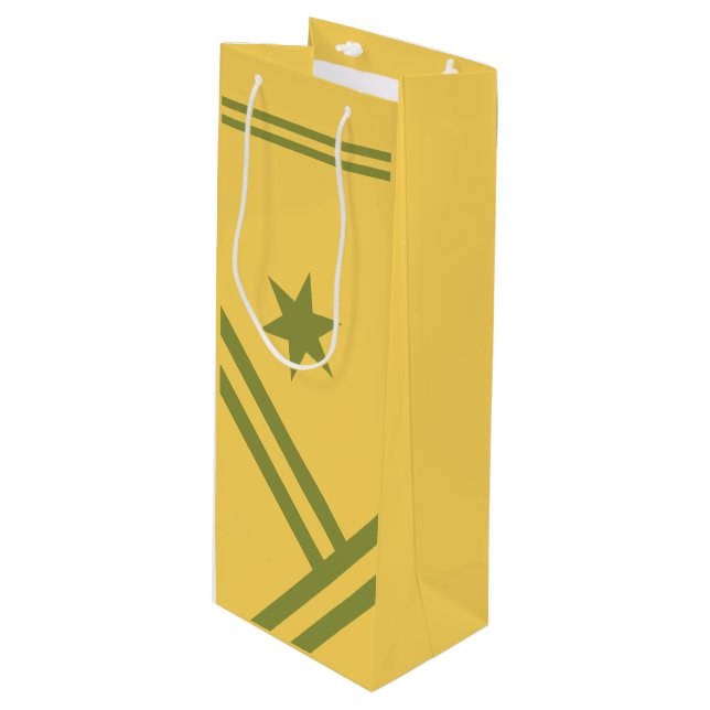 Gold Green Diagonal Stripes Star Modern Graphic Wine Gift Bag (Front Angled)