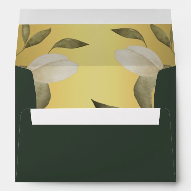 Gold green elegant watercolor foliage wedding envelope (Back (Bottom))