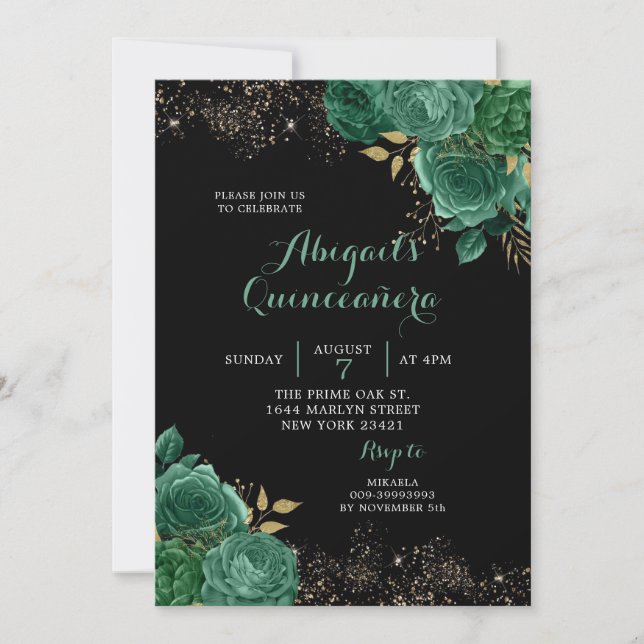 Gold Green Emerald Floral Quinceañera Invitation (Front)