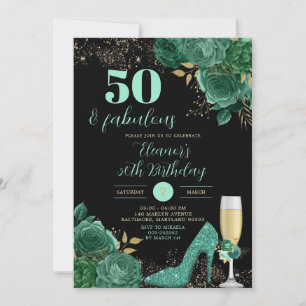 Gold Green Emerald Stiletto Heel Floral Birthday Invitation