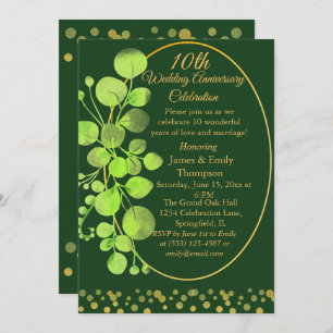 Gold & Green Eucalyptus 10th Wedding Anniversary Invitation