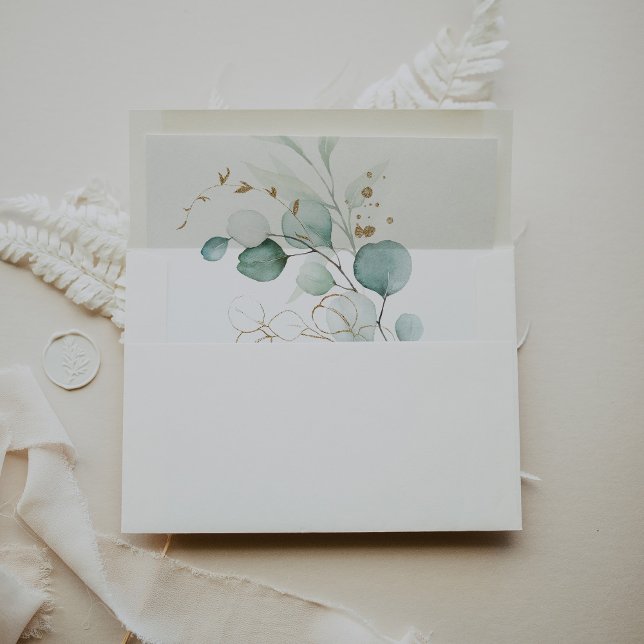 Gold Green Eucalyptus Calligraphy Wedding Envelope (Creator Uploaded)
