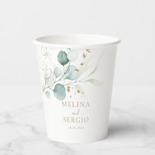 Gold Green Eucalyptus Calligraphy Wedding Paper Cups