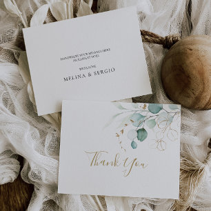 Gold Green Eucalyptus Calligraphy Wedding Thank You Card