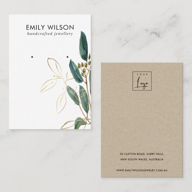 GOLD GREEN EUCALYPTUS FAUNA EARRING STUD DISPLAY BUSINESS CARD (Front/Back)