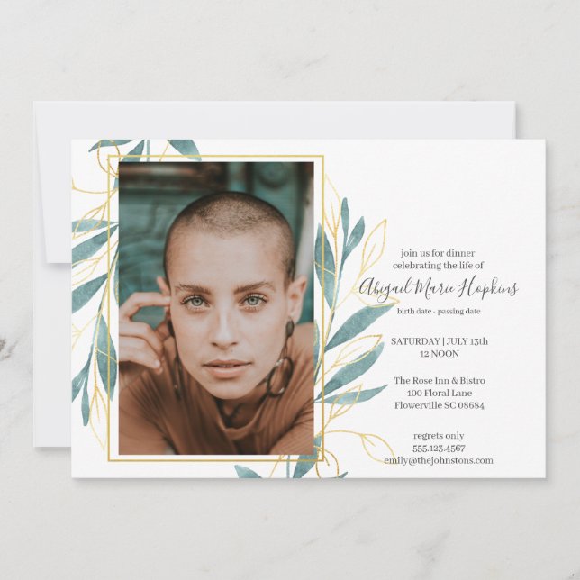 Gold Green Floral Celebration of Life Funeral Thank You Card (Front)