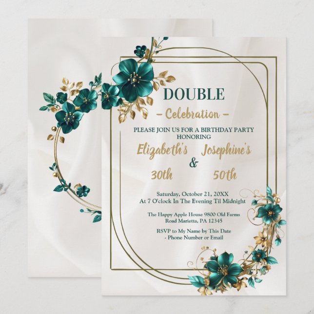 Gold Green floral double joint birthday Invitation (Front/Back)