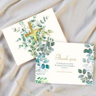 Gold Green Floral Rustic Baptism Thank You Card