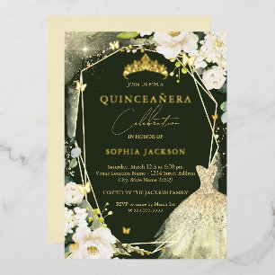 Gold Green Floral Tiara Dress quinceanera