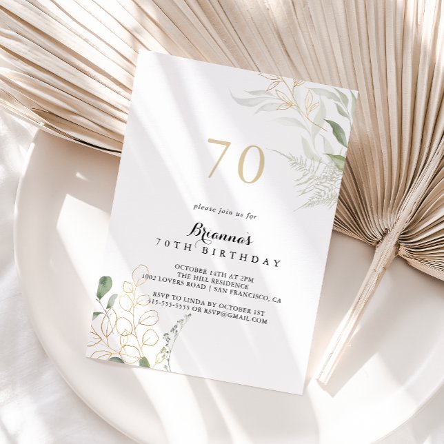 Gold Green Foliage 70th Birthday Party Invitation (Creator Uploaded)