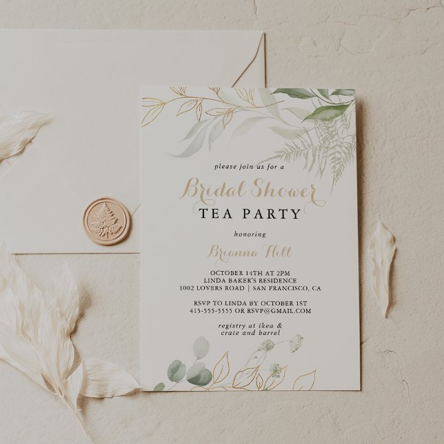Gold Green Foliage Bridal Shower Tea Party  Invitation (Creator Uploaded)