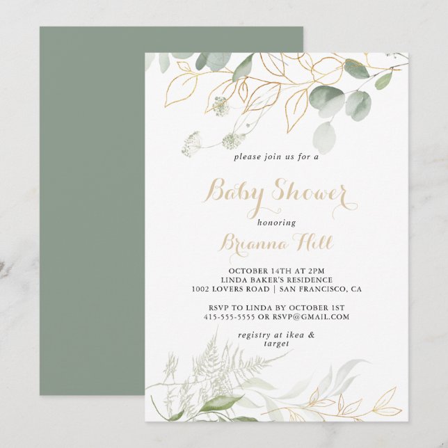 Gold Green Foliage Calligraphy Baby Shower  Invitation (Front/Back)