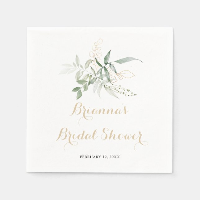 Gold Green Foliage Calligraphy Bridal Shower  Napkin (Front)