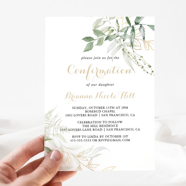 Gold Green Foliage Calligraphy Confirmation  Invitation (Creator Uploaded)