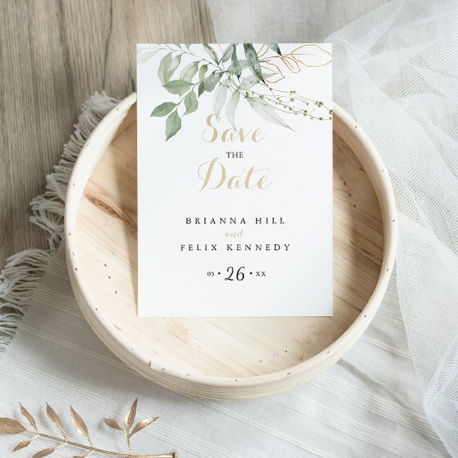Gold Green Foliage Calligraphy Save the Date  Postcard (Creator Uploaded)