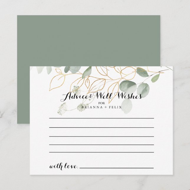 Gold Green Foliage Calligraphy Wedding Advice Card (Front/Back)