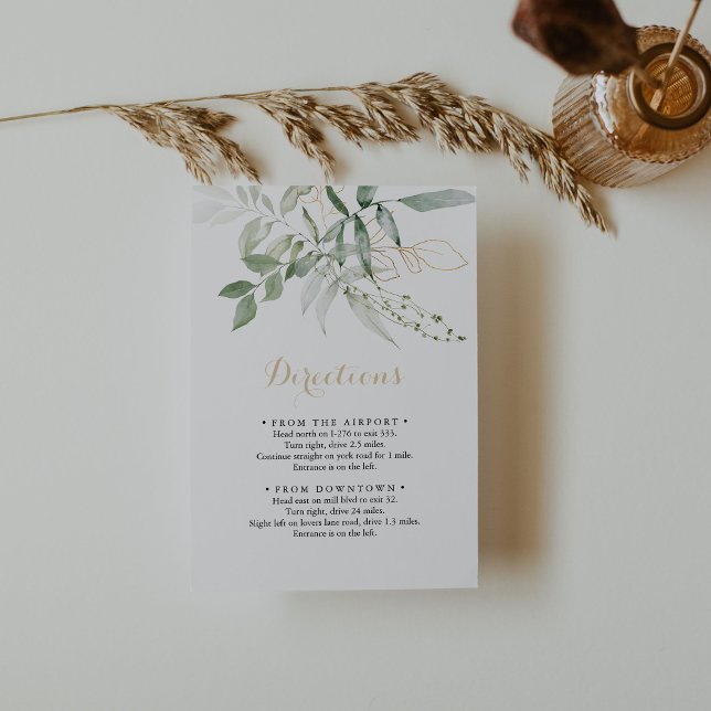 Gold Green Foliage Calligraphy Wedding Directions Enclosure Card (Creator Uploaded)