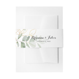 Gold Green Foliage Calligraphy Wedding  Invitation Belly Band