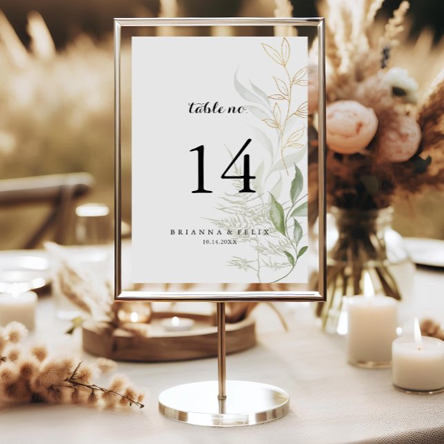 Gold Green Foliage Calligraphy Wedding  Table Number (Creator Uploaded)