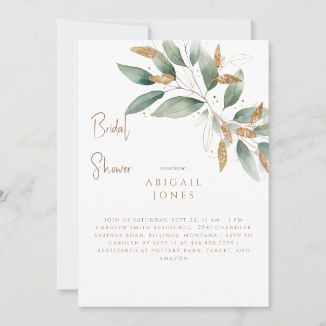 Gold & Green Foliage Elegant Bridal Shower Invitation (Front)