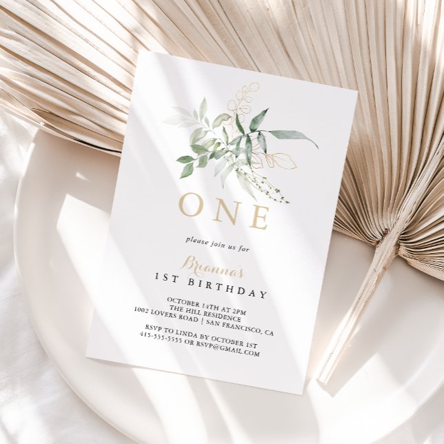 Gold Green Foliage First Birthday Party Invitation (Creator Uploaded)