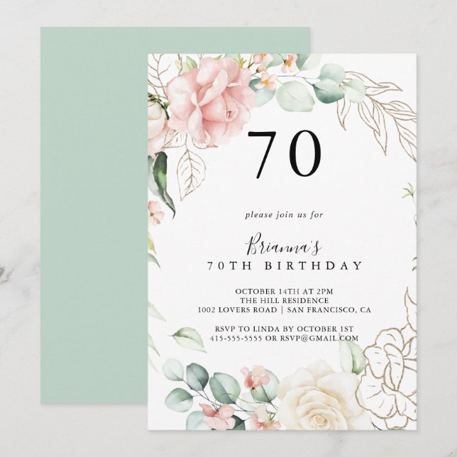 Gold Green Foliage Floral 70th Birthday Party Invitation (Front/Back)