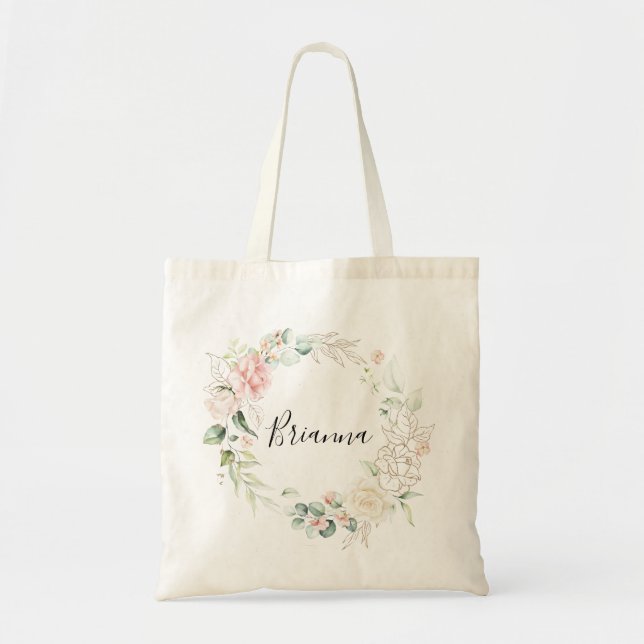 Gold Green Foliage Floral Bridesmaid Tote Bag (Front)