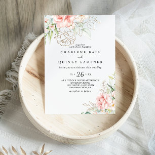 Gold Green Foliage Floral Casual Wedding Invitation