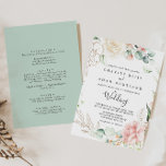 Gold Green Foliage Floral Front & Back Wedding Invitation<br><div class="desc">This gold green foliage floral front and back wedding invitation is perfect for a rustic wedding. The design features hand-drawn gold and green botanical foliage with pink, blush and white flowers, inspiring natural beauty. Save paper by including more details on the back of the invitation instead of on a separate...</div>