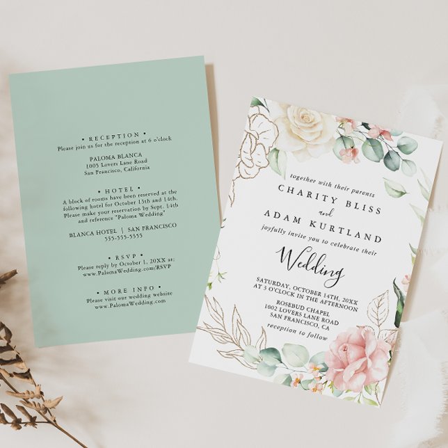 Gold Green Foliage Floral Front & Back Wedding Invitation (Creator Uploaded)