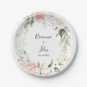 Gold Green Foliage Floral Wedding Cake Paper Plate