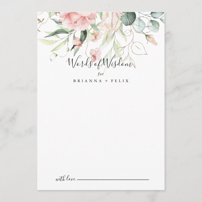 Gold Green Foliage Floral Wedding Words of Wisdom Advice Card (Front)