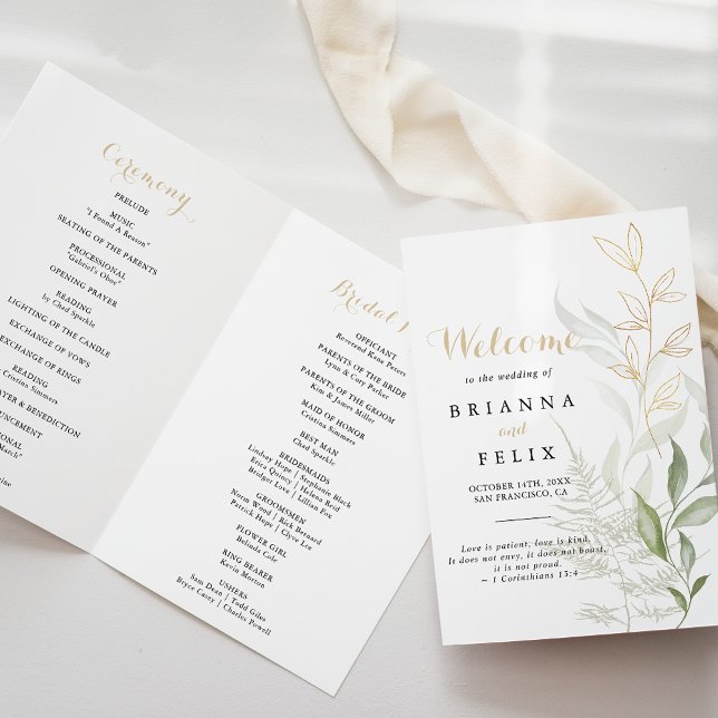 Gold Green Foliage Folded Wedding Program Programme (Creator Uploaded)