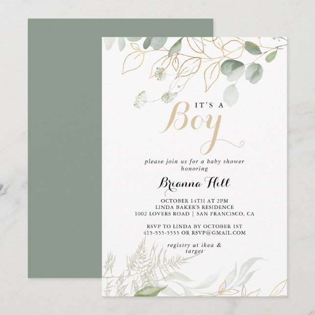 Gold Green Foliage It's A Boy Baby Shower  Invitation (Front/Back)