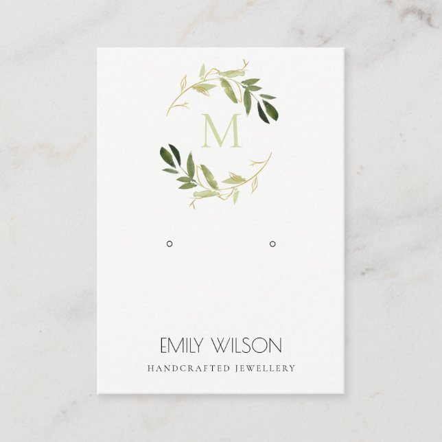 GOLD GREEN FOLIAGE MONOGRAM EARRING DISPLAY LOGO BUSINESS CARD (Front)