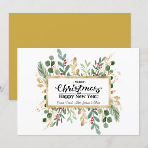 Gold Green Foliage   Red Berry Greeting Holiday Card